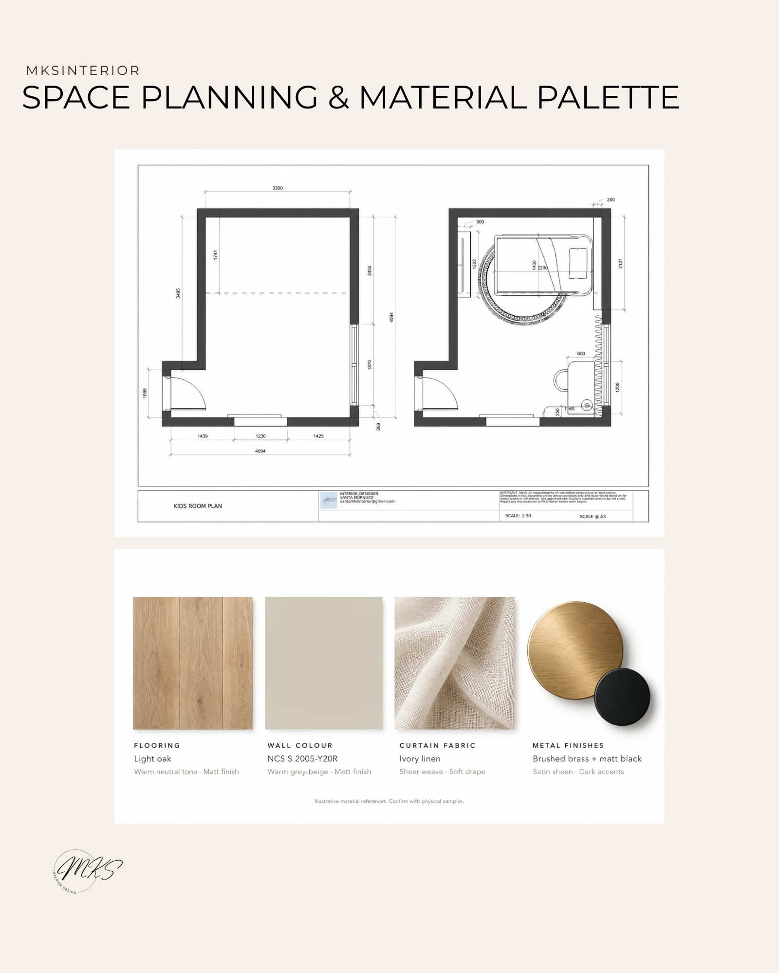 Kids’ room space plan and interior material palette