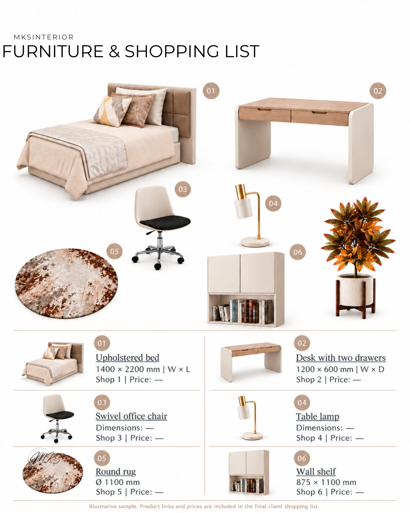 Furniture selection and shopping list sample