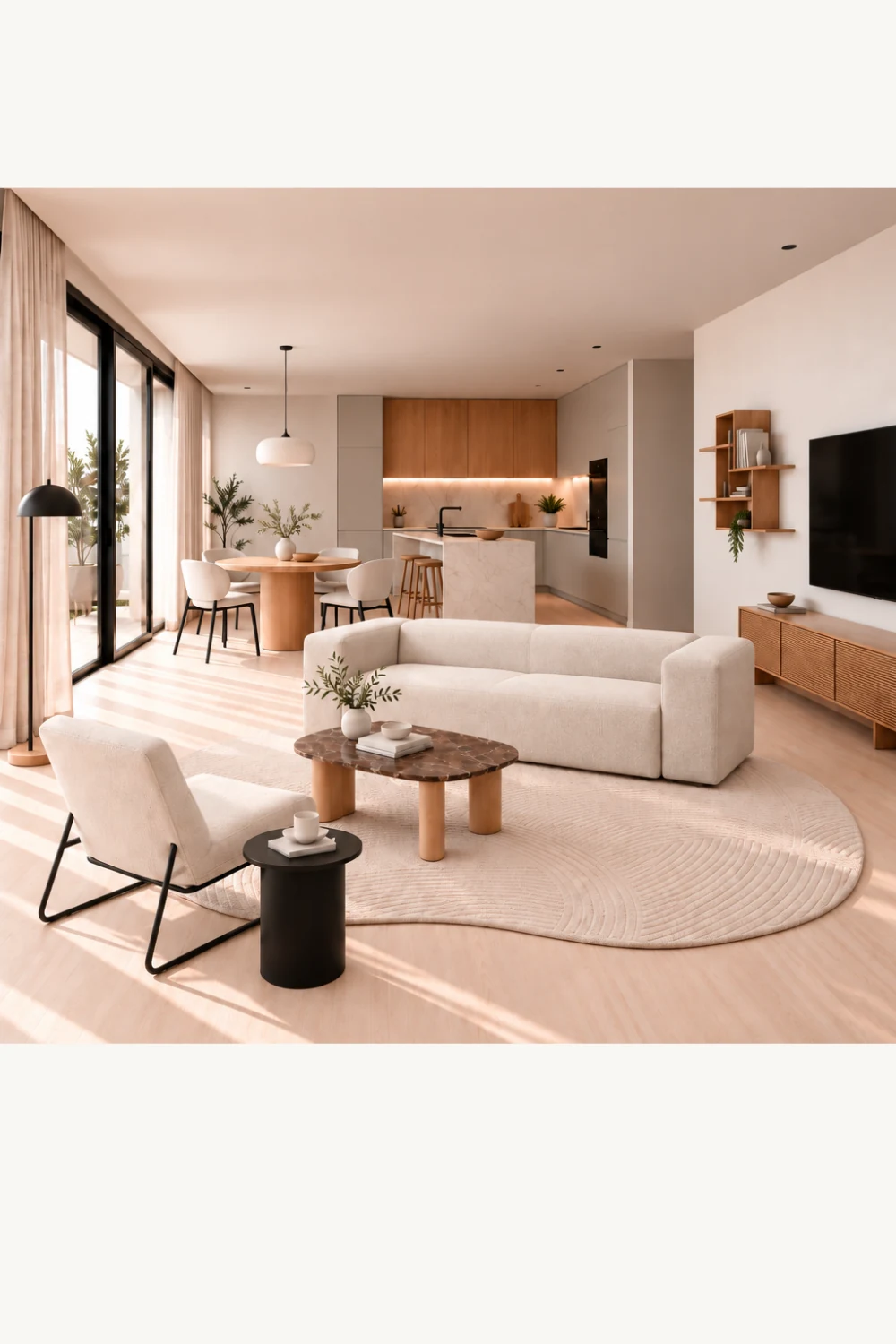 Light and airy 26 m² open-plan living, dining and kitchen with neutral tones, natural oak furniture and black accents