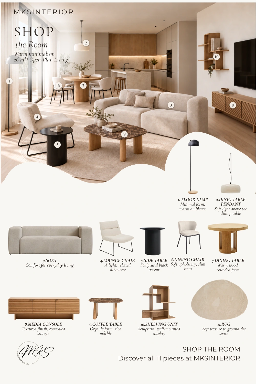 Numbered moodboard of the 11 Kave Home pieces for the 26 m² light open-plan living room: neutral upholstery, natural oak and black accents