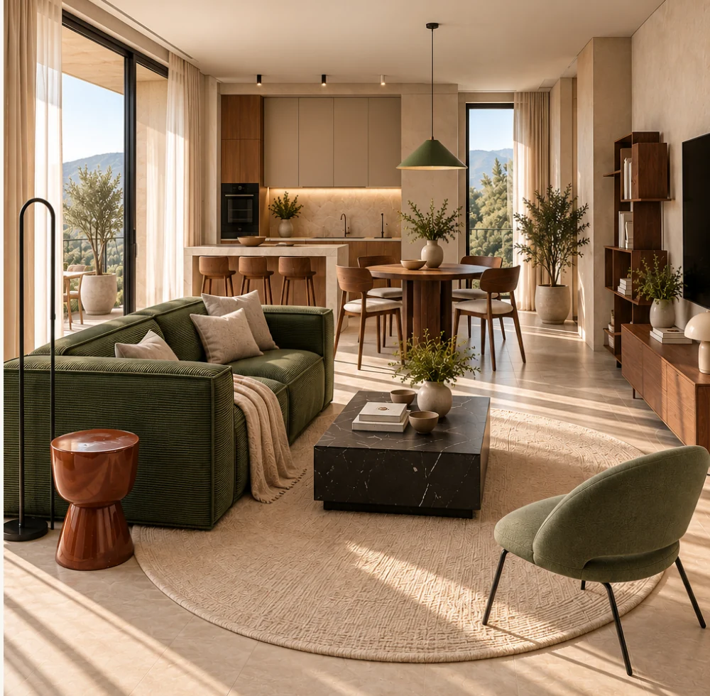 Warm minimalist 26 m² open-plan living and dining room with a green corduroy sofa, walnut furniture and neutral tones