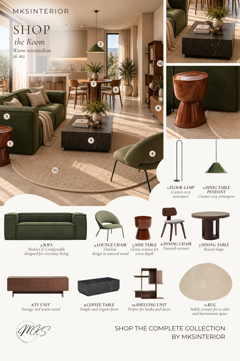Numbered moodboard of the 11 Kave Home pieces for the 26 m² open-plan living room: green sofa, walnut furniture and neutral finishes