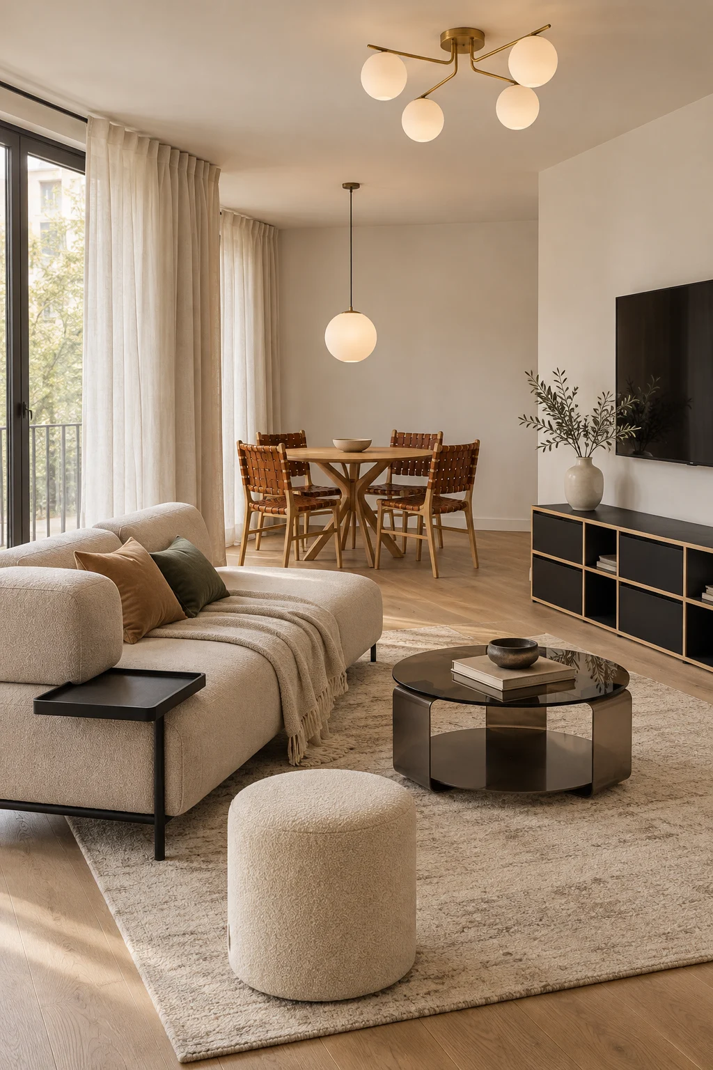30 m² open-plan living and dining room with a black and plywood media console, oak round table, leather and teak chairs and brushed brass globe lamps